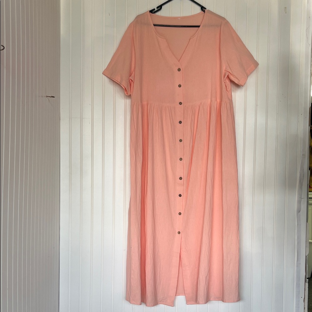 Chic Coral Button-Front V-Neck Midi Dress